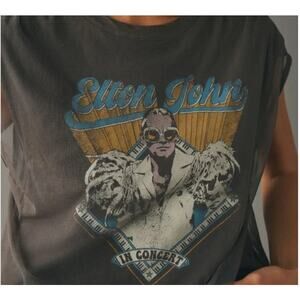 Anthropologie Pilcro Elton John Tulle Sleeveless Graphic Tee Gray Womens Medium